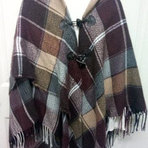 Fall Plaid Poncho with Fringe and Bear Claw Buttons. OS